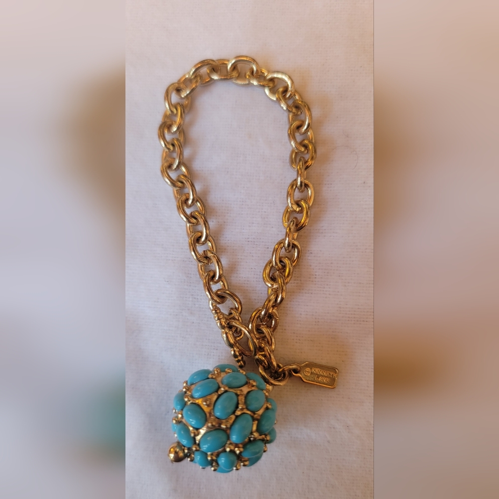 90s Kenneth Lane Round Faux Turquoise Cabochon Charm Gold Chain Bracelet 7ā - Picture 7 of 7
